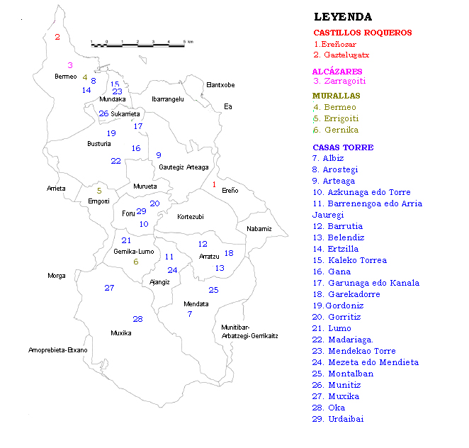 Localización de las estructuras militares medievales en Urdaibai. En el caso de las Casas Torre sólo aparecen las que actualmente se mantienen en pie.
