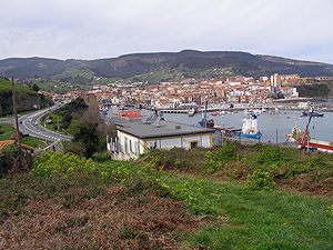 Argazkiaren erdialdean itsasargia dago eta hondoan Bermeo